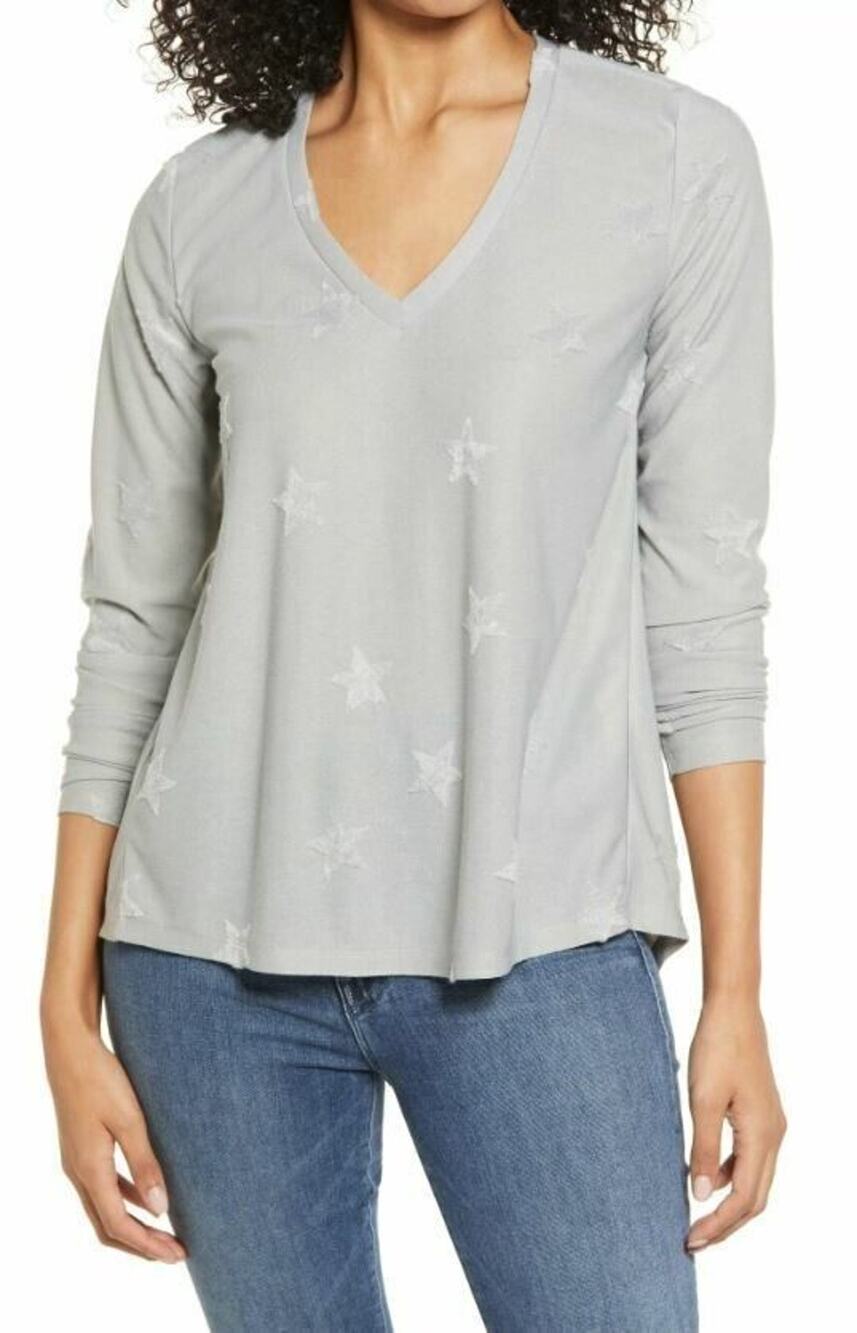 Bobeau Flocked V Neck Top Women M Medium Heather Gray Star Long Sleeve Polyester